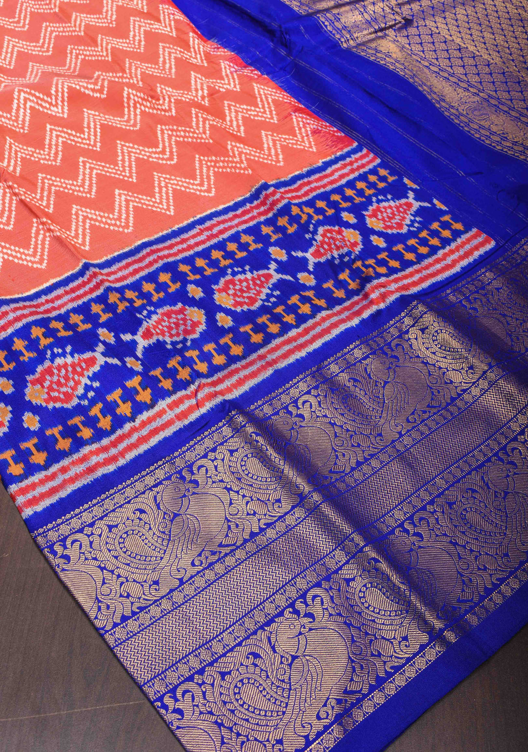 Salmon Peach Ikat Kanjivaram Pure Silk Saree with Chevron Pattern and Blue Ikat Border| SILK MARK CERTIFIED