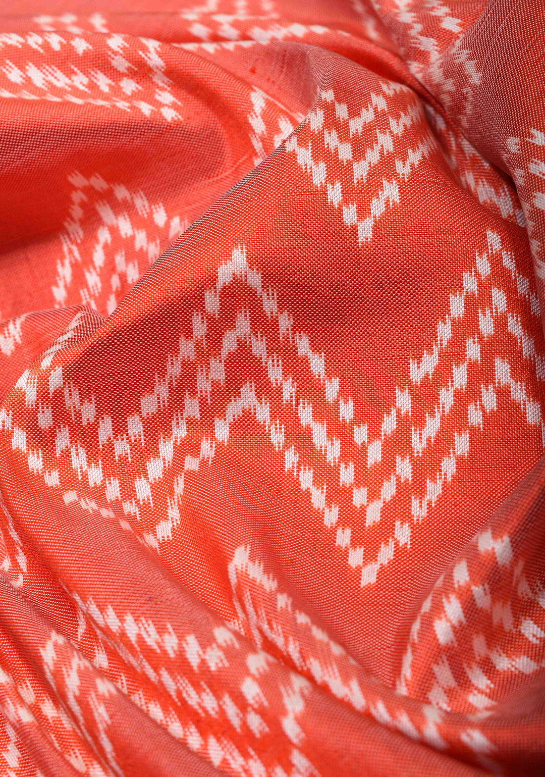 Salmon Peach Ikat Kanjivaram Pure Silk Saree with Chevron Pattern and Blue Ikat Border| SILK MARK CERTIFIED