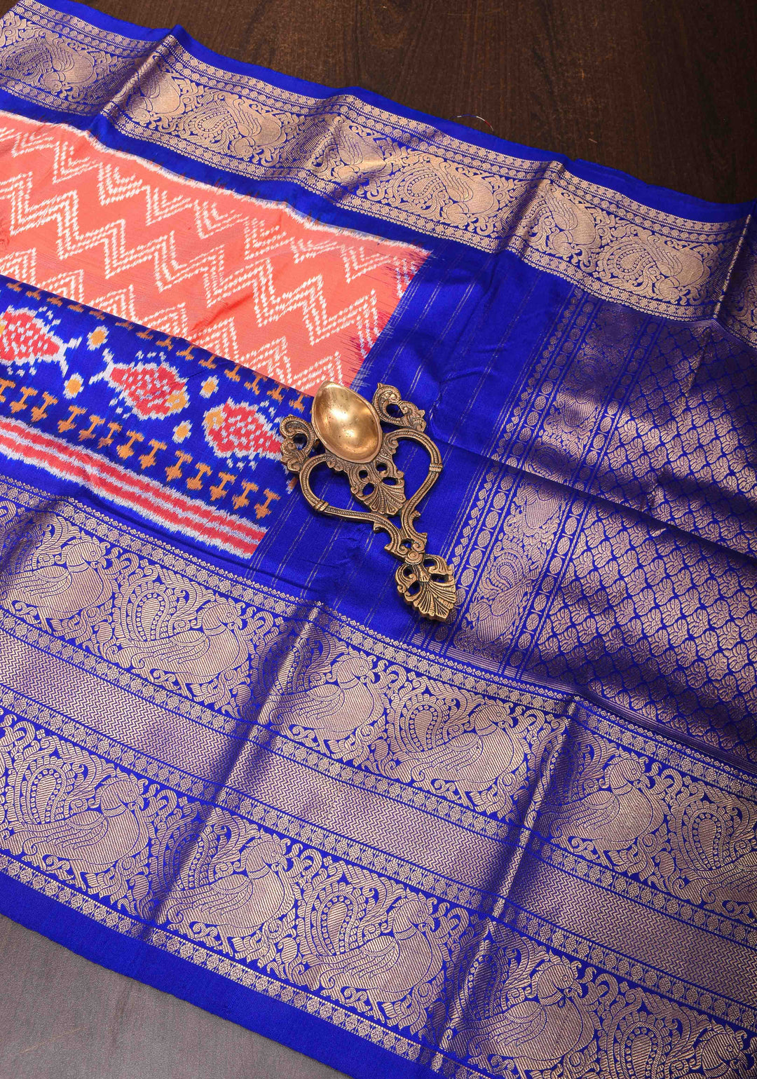Salmon Peach Ikat Kanjivaram Pure Silk Saree with Chevron Pattern and Blue Ikat Border| SILK MARK CERTIFIED