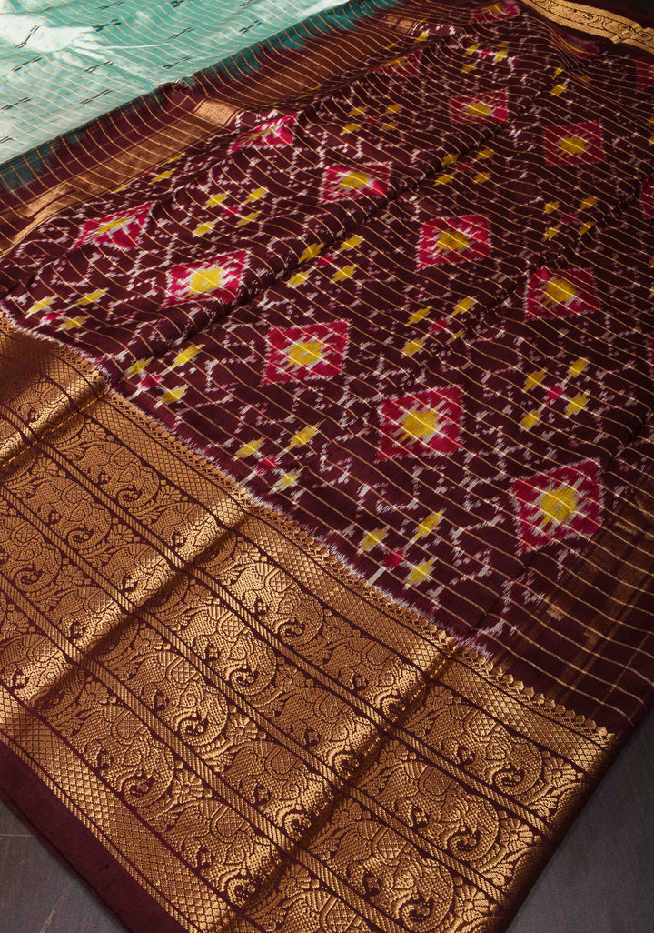 Mint Green Zari Checks Pure Ikat Kanjivaram Silk Saree with Kanchana Temple Border| SILK MARK CERTIFIED