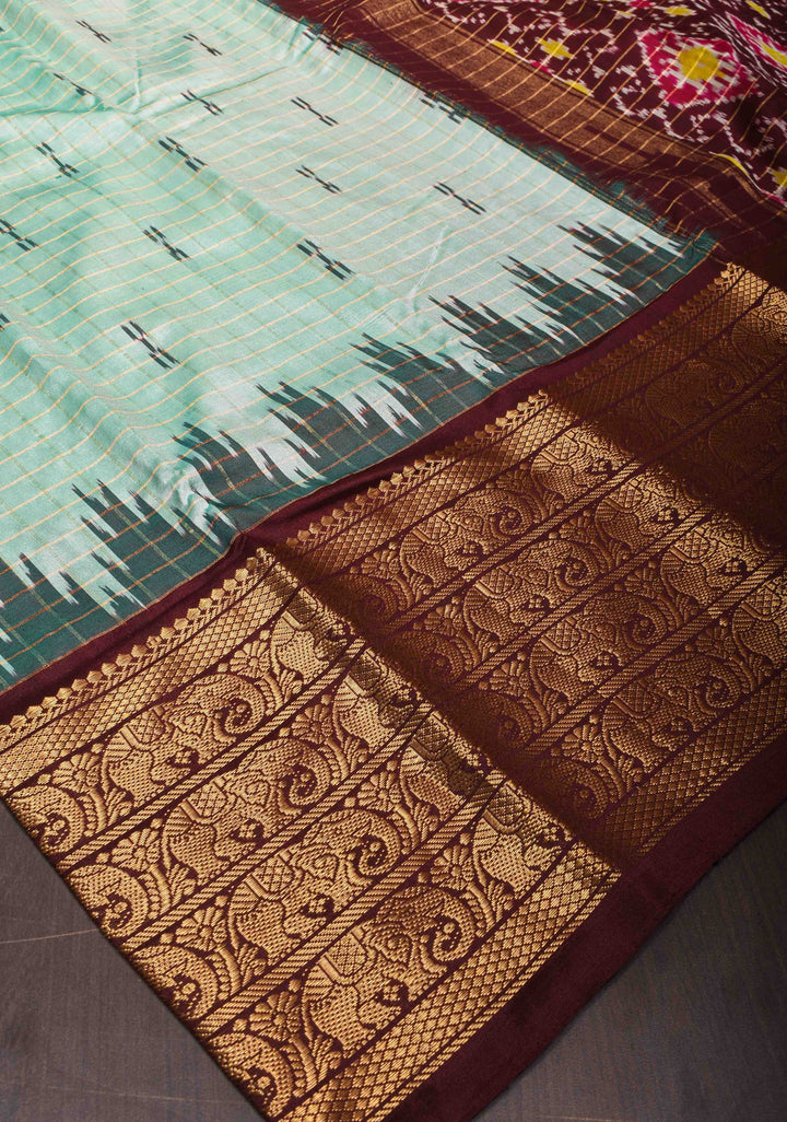 Mint Green Zari Checks Pure Ikat Kanjivaram Silk Saree with Kanchana Temple Border| SILK MARK CERTIFIED