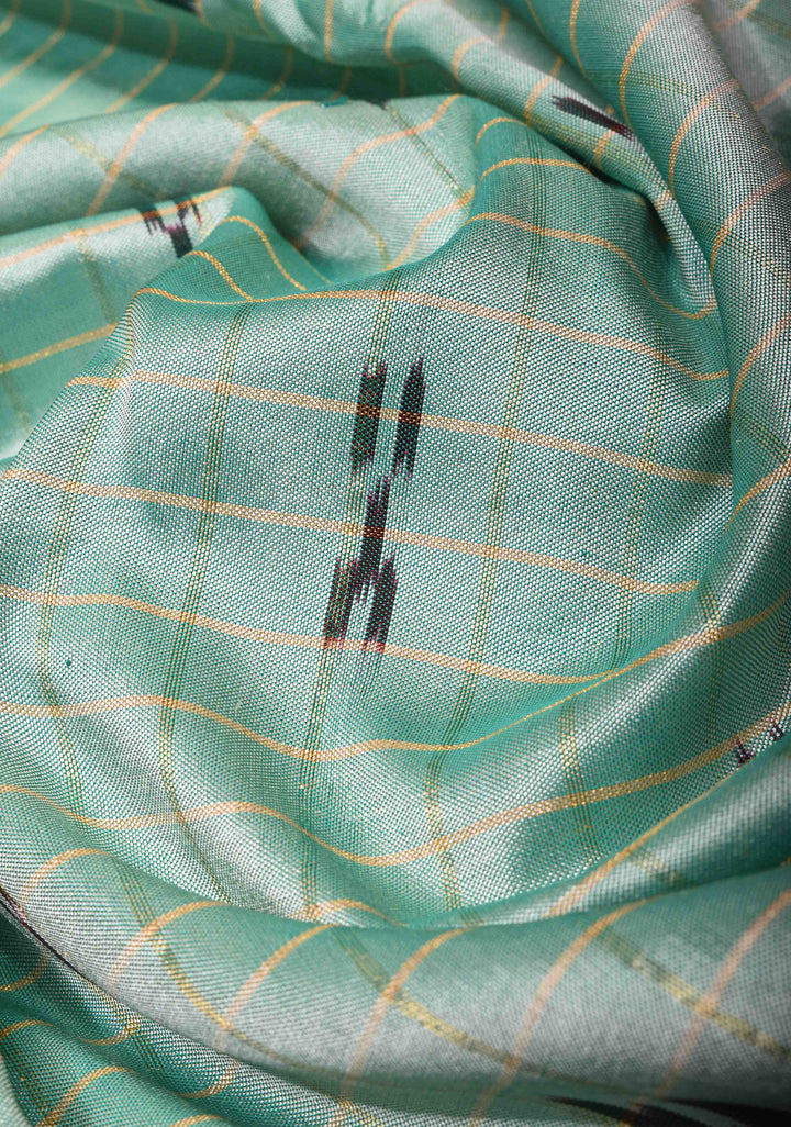 Mint Green Zari Checks Pure Ikat Kanjivaram Silk Saree with Kanchana Temple Border| SILK MARK CERTIFIED