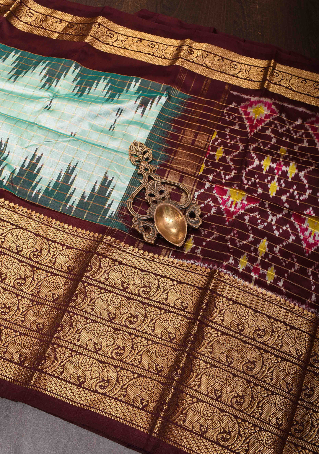 Mint Green Zari Checks Pure Ikat Kanjivaram Silk Saree with Kanchana Temple Border| SILK MARK CERTIFIED