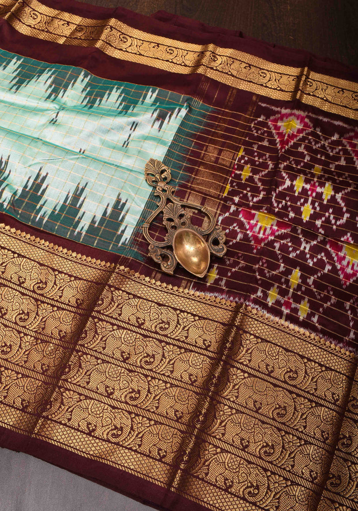 Mint Green Zari Checks Pure Ikat Kanjivaram Silk Saree with Kanchana Temple Border| SILK MARK CERTIFIED