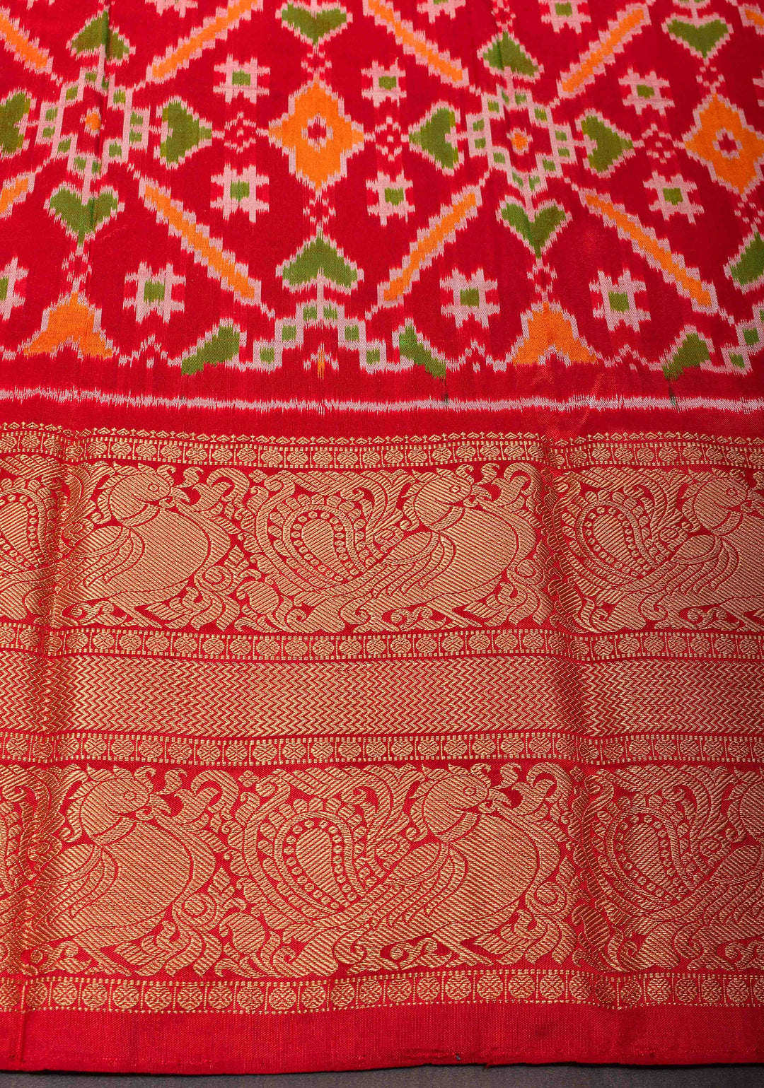 Mauve Twill Design Ikat Kanjivaram Silk Saree with Green Ambari Ikat Panel| SILK MARK CERTIFIED