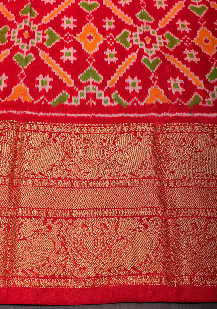 Mauve Twill Design Ikat Kanjivaram Silk Saree with Green Ambari Ikat Panel| SILK MARK CERTIFIED