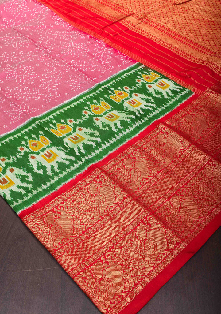 Mauve Twill Design Ikat Kanjivaram Silk Saree with Green Ambari Ikat Panel| SILK MARK CERTIFIED