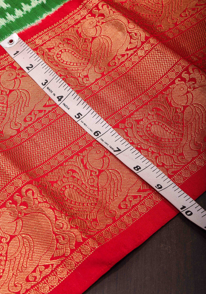 Mauve Twill Design Ikat Kanjivaram Silk Saree with Green Ambari Ikat Panel| SILK MARK CERTIFIED