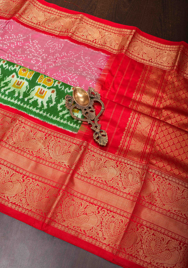 Mauve Twill Design Ikat Kanjivaram Silk Saree with Green Ambari Ikat Panel| SILK MARK CERTIFIED