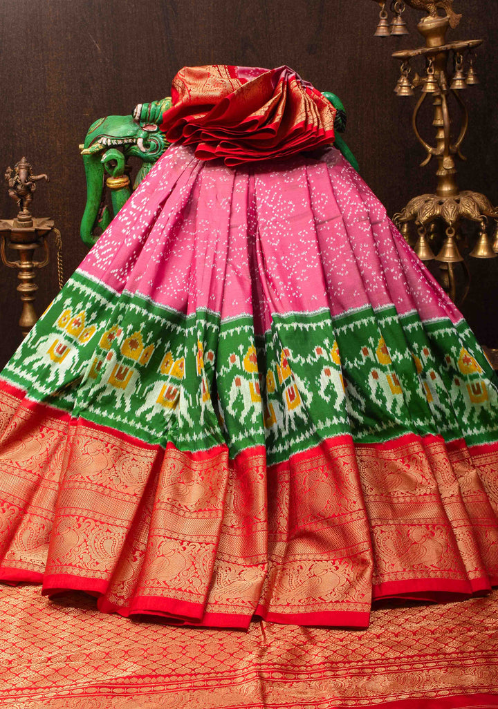 Mauve Twill Design Ikat Kanjivaram Silk Saree with Green Ambari Ikat Panel| SILK MARK CERTIFIED