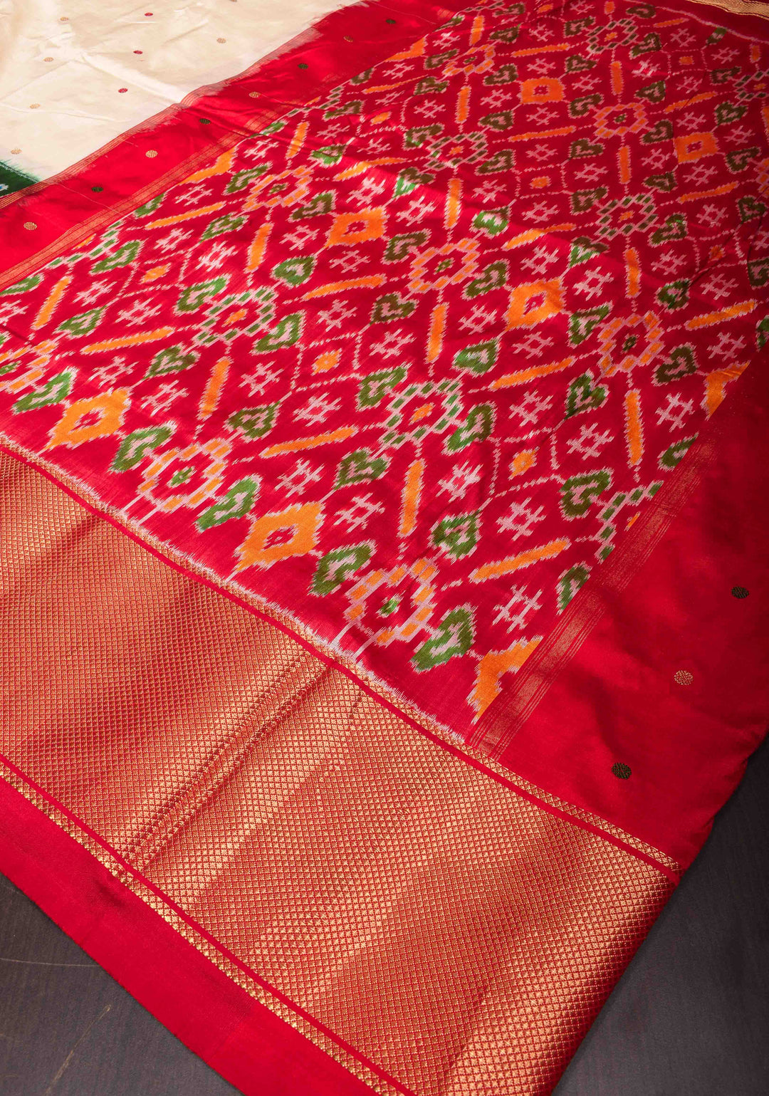 White Pure Ikkat Silk Saree with Dainty Resham Buttas, Ikkat Panel and Khaddi Border | SILK MARK CERTIFIED