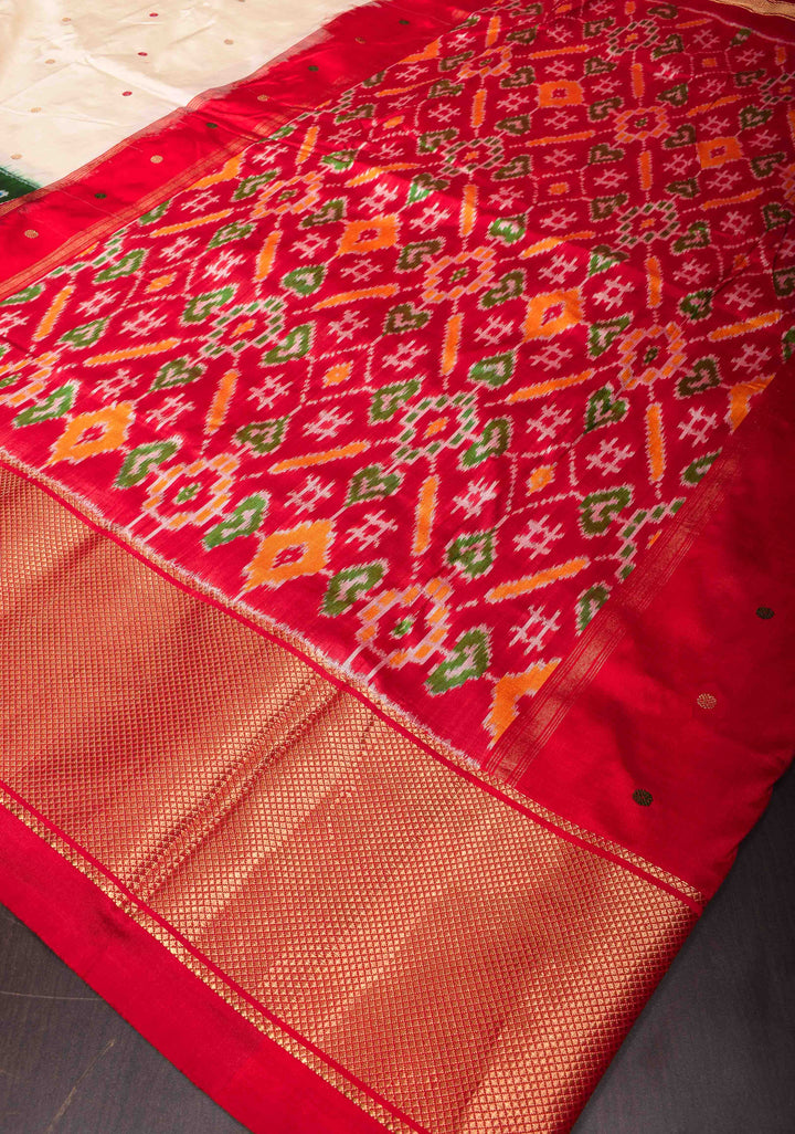 White Pure Ikkat Silk Saree with Dainty Resham Buttas, Ikkat Panel and Khaddi Border | SILK MARK CERTIFIED