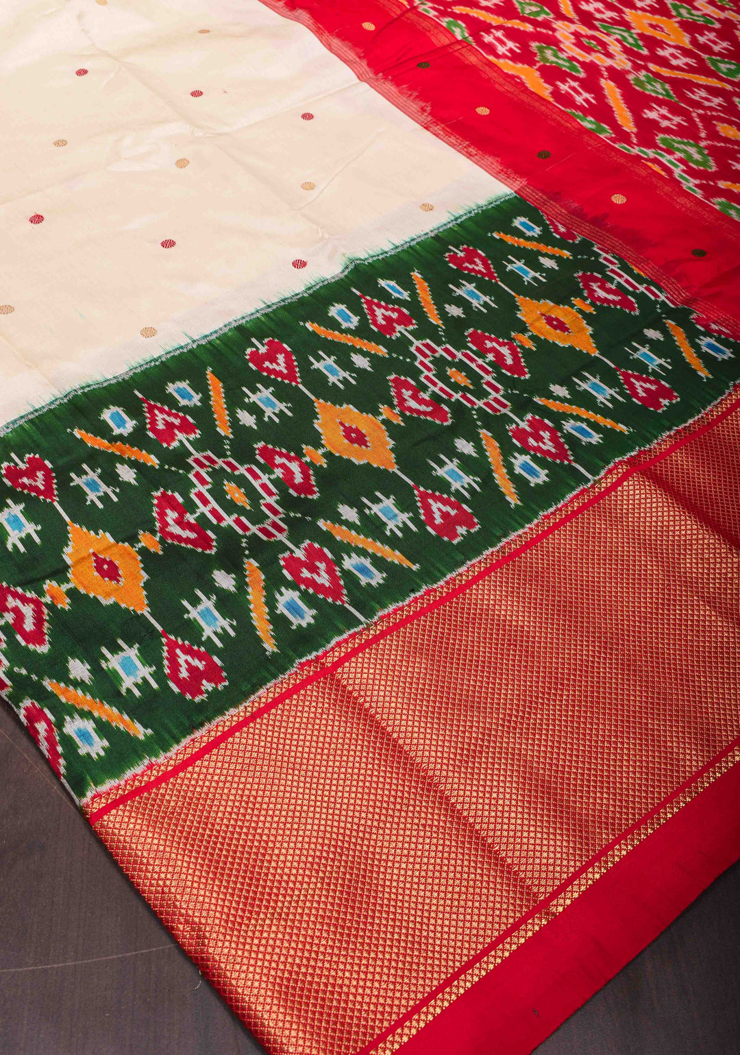 White Pure Ikkat Silk Saree with Dainty Resham Buttas, Ikkat Panel and Khaddi Border | SILK MARK CERTIFIED