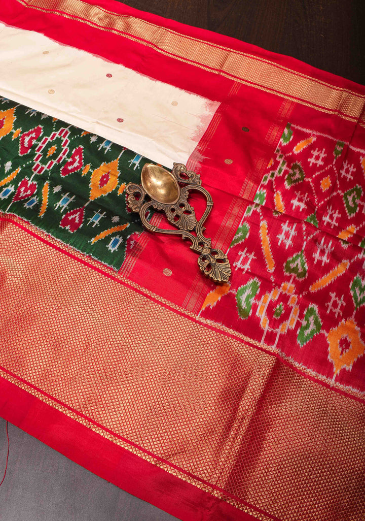 White Pure Ikkat Silk Saree with Dainty Resham Buttas, Ikkat Panel and Khaddi Border | SILK MARK CERTIFIED