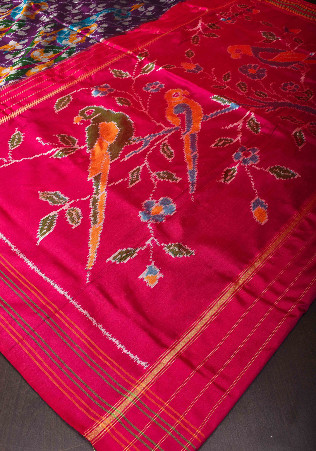 Rangkaat Design Ikat Silk Saree with Colorful Peacock Border | SILK MARK CERTIFIED