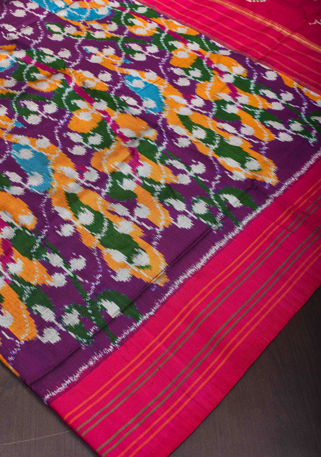 Rangkaat Design Ikat Silk Saree with Colorful Peacock Border | SILK MARK CERTIFIED