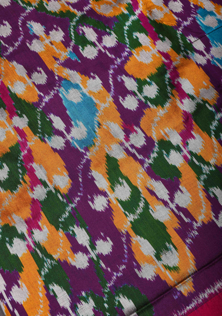 Rangkaat Design Ikat Silk Saree with Colorful Peacock Border | SILK MARK CERTIFIED
