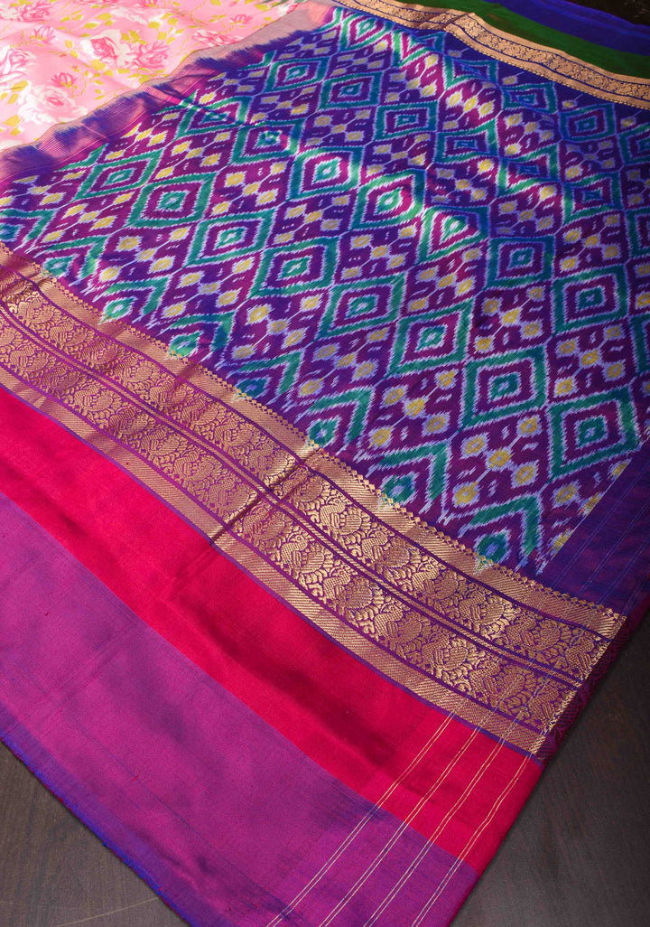 Rose Digital Print on Pure Ikat Kanjivaram Silk Saree with ganga jamuna Border | SILK MARK CERTIFIED