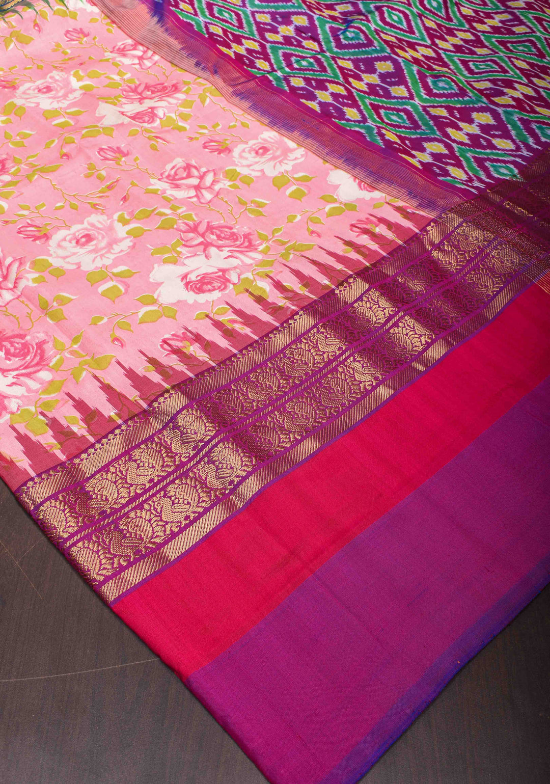 Rose Digital Print on Pure Ikat Kanjivaram Silk Saree with ganga jamuna Border | SILK MARK CERTIFIED