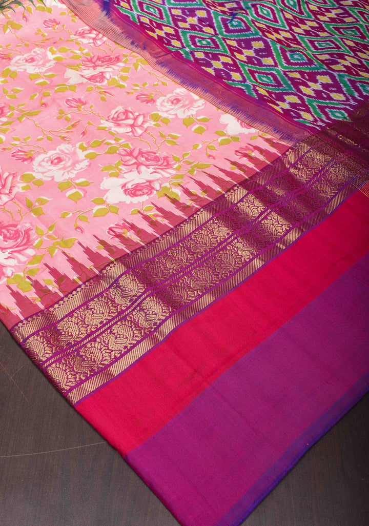 Rose Digital Print on Pure Ikat Kanjivaram Silk Saree with ganga jamuna Border | SILK MARK CERTIFIED