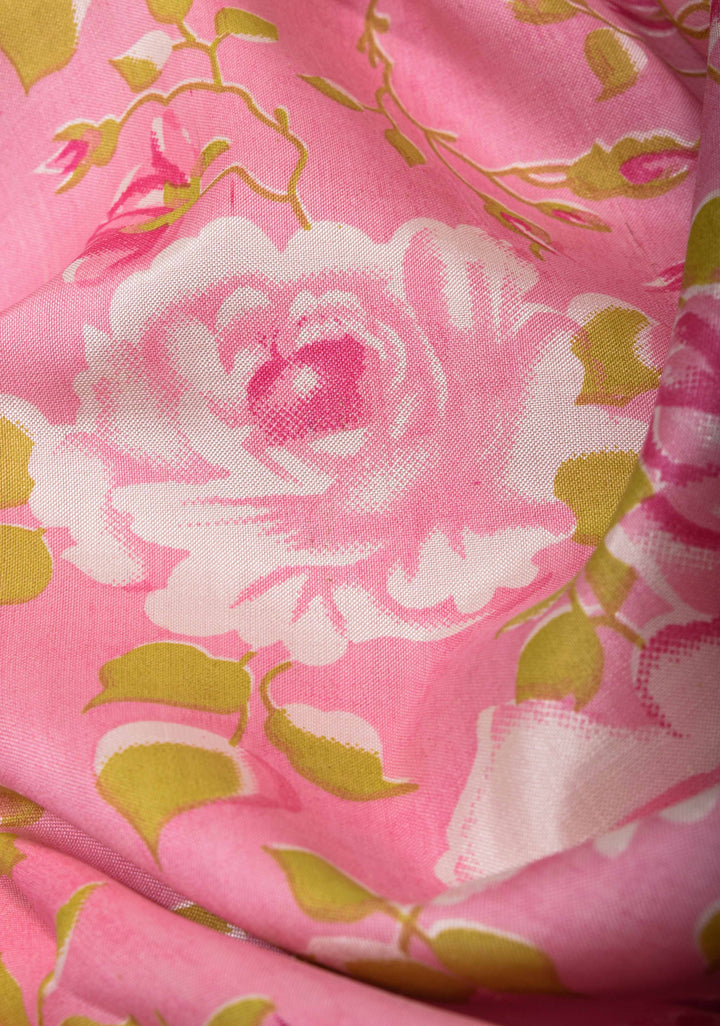 Rose Digital Print on Pure Ikat Kanjivaram Silk Saree with ganga jamuna Border | SILK MARK CERTIFIED