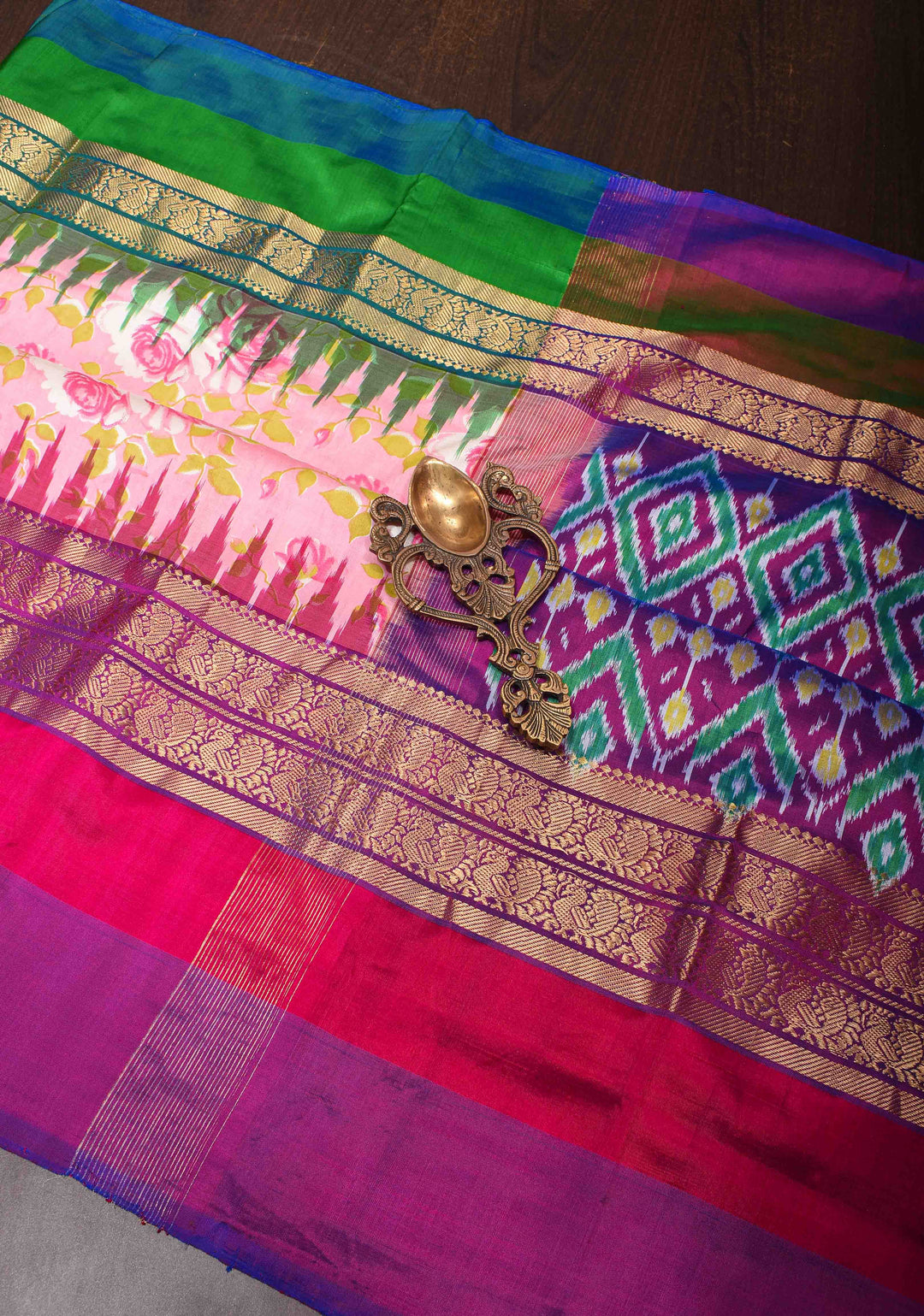 Rose Digital Print on Pure Ikat Kanjivaram Silk Saree with ganga jamuna Border | SILK MARK CERTIFIED