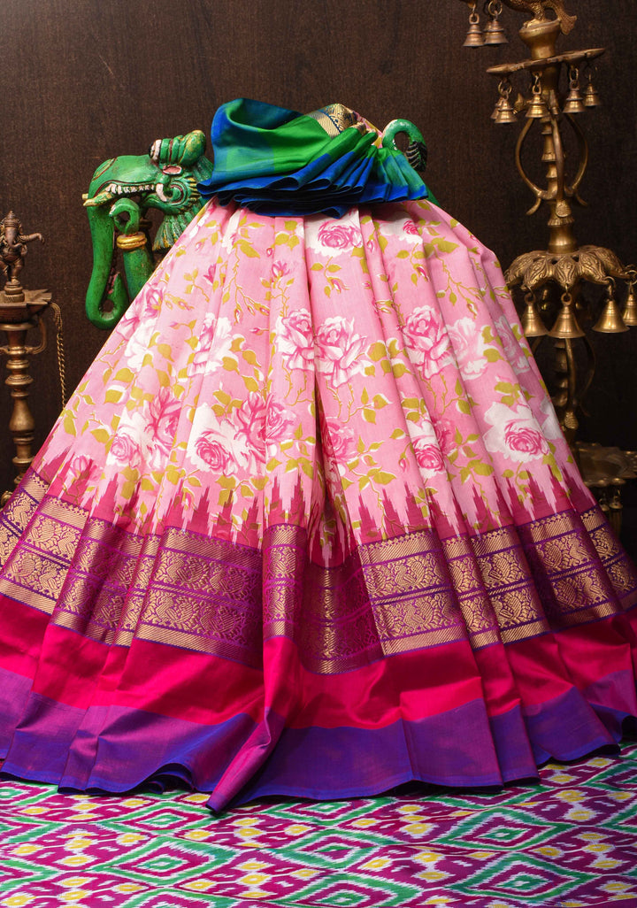 Rose Digital Print on Pure Ikat Kanjivaram Silk Saree with ganga jamuna Border | SILK MARK CERTIFIED