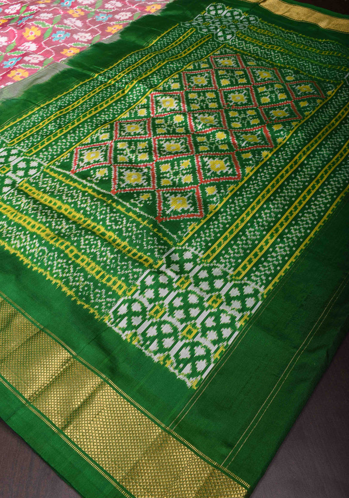 Rose Floral Design Ikkat Pure Silk Saree with Green zari Border | SILK MARK CERTIFIED