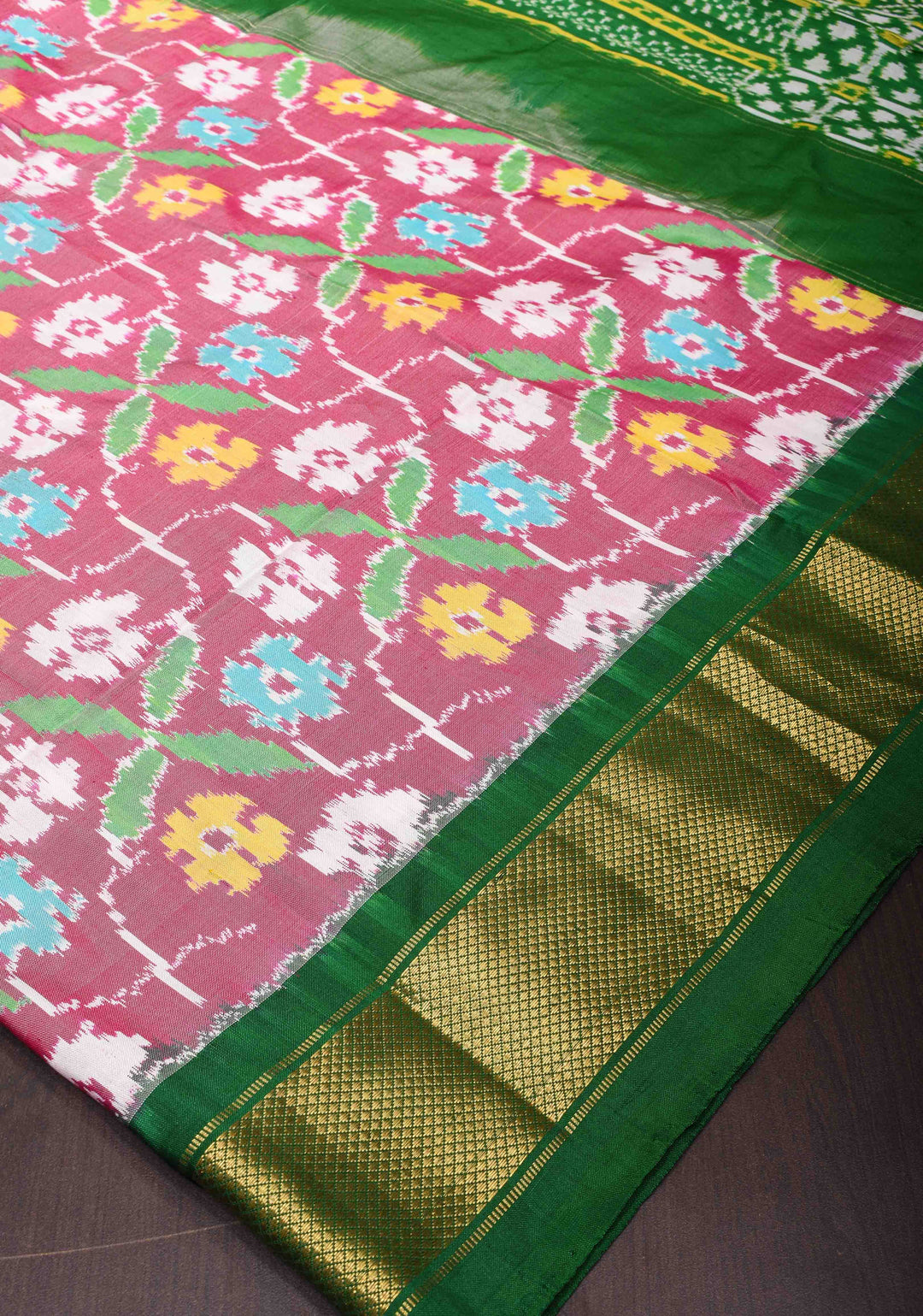 Rose Floral Design Ikkat Pure Silk Saree with Green zari Border | SILK MARK CERTIFIED