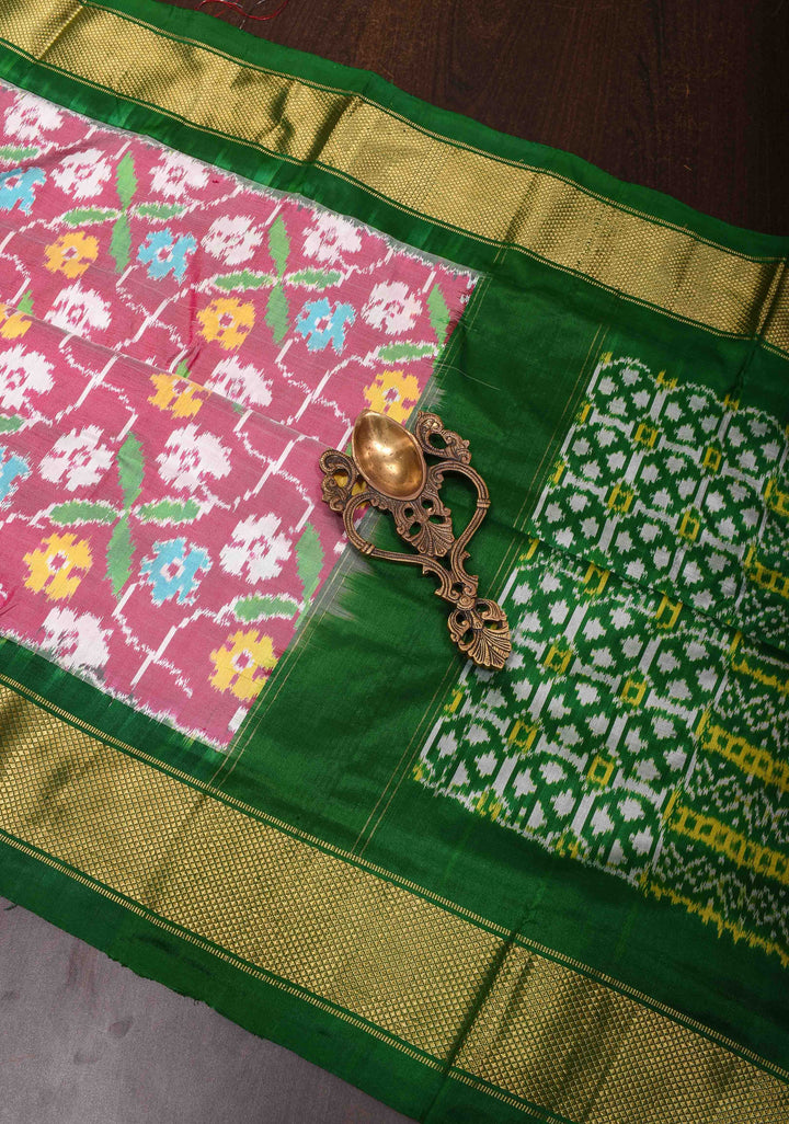Rose Floral Design Ikkat Pure Silk Saree with Green zari Border | SILK MARK CERTIFIED