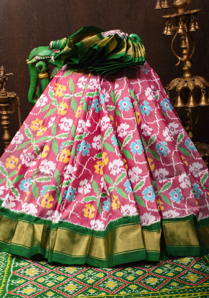 Rose Floral Design Ikkat Pure Silk Saree with Green zari Border | SILK MARK CERTIFIED