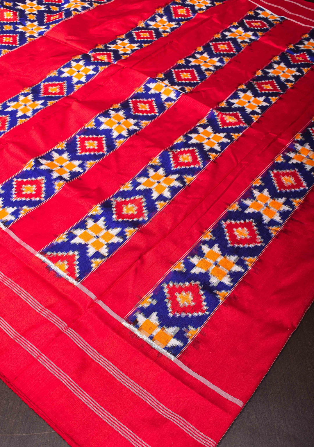 Ink Blue Geometric Motifs Ikkat Silk Saree with Ikat Panel Border| SILK MARK CERTIFIED