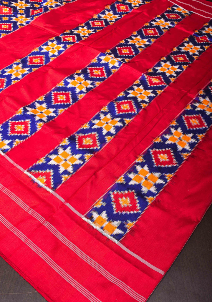Ink Blue Geometric Motifs Ikkat Silk Saree with Ikat Panel Border| SILK MARK CERTIFIED