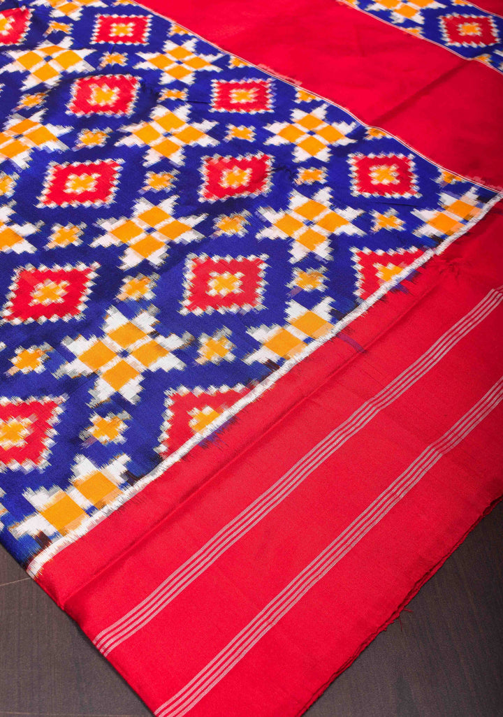 Ink Blue Geometric Motifs Ikkat Silk Saree with Ikat Panel Border| SILK MARK CERTIFIED