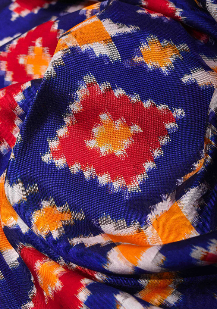 Ink Blue Geometric Motifs Ikkat Silk Saree with Ikat Panel Border| SILK MARK CERTIFIED