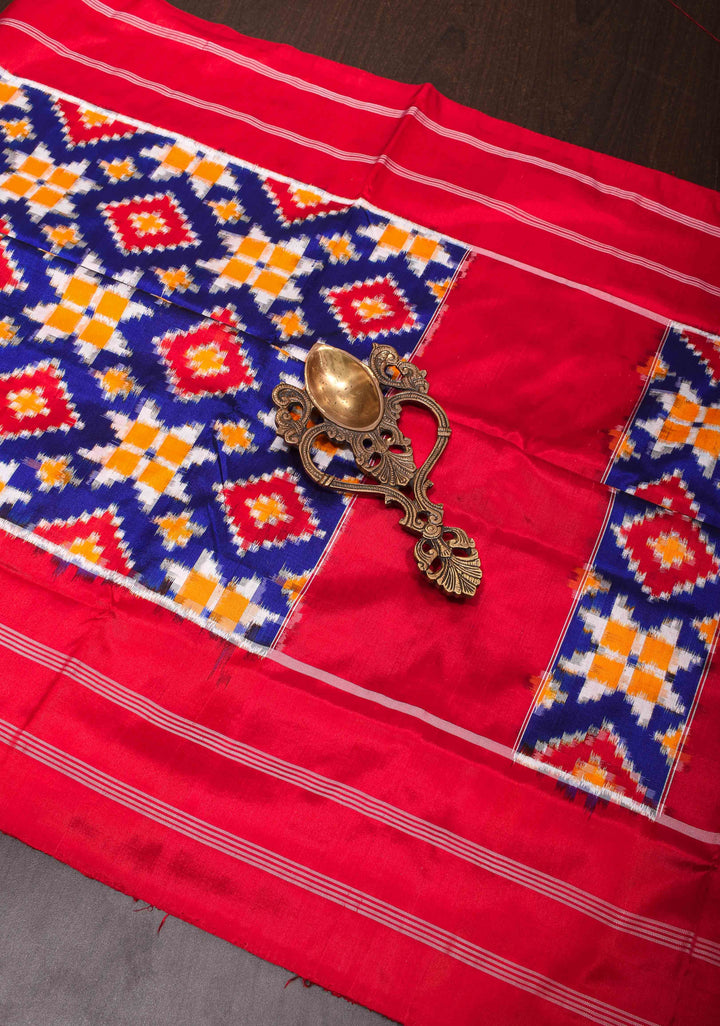 Ink Blue Geometric Motifs Ikkat Silk Saree with Ikat Panel Border| SILK MARK CERTIFIED