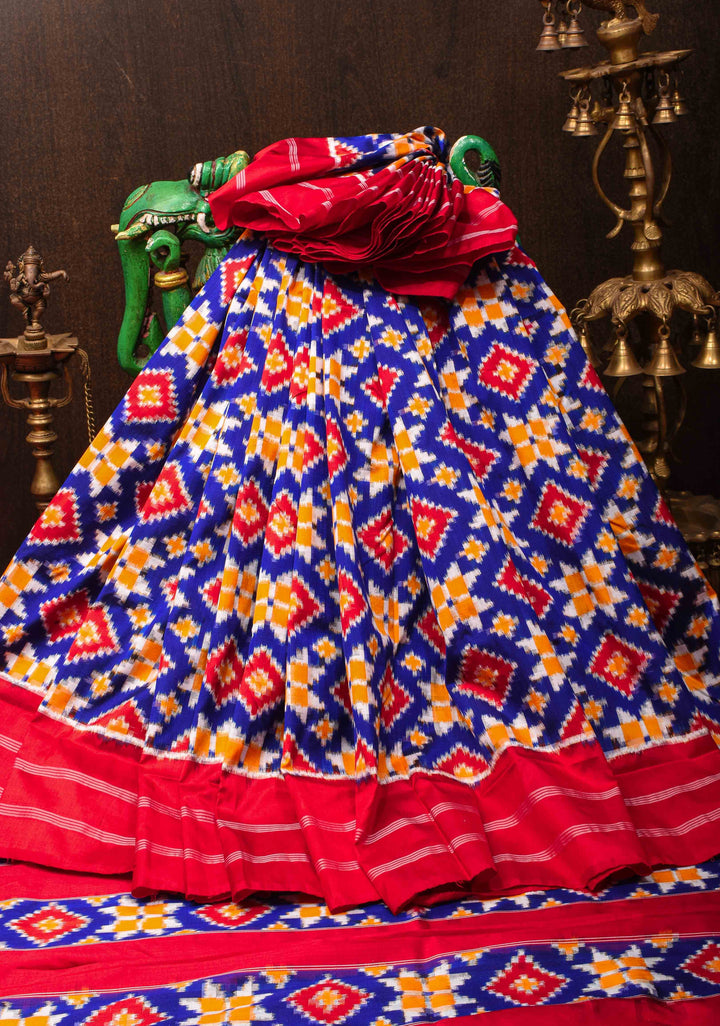Ink Blue Geometric Motifs Ikkat Silk Saree with Ikat Panel Border| SILK MARK CERTIFIED