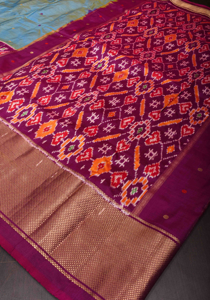 Aegean Blue Ikkat pure silk saree with Thread Buttas, ikkat panel and wide khaddi zari border | SILK MARK CERTIFIED