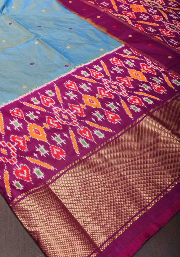 Aegean Blue Ikkat pure silk saree with Thread Buttas, ikkat panel and wide khaddi zari border | SILK MARK CERTIFIED