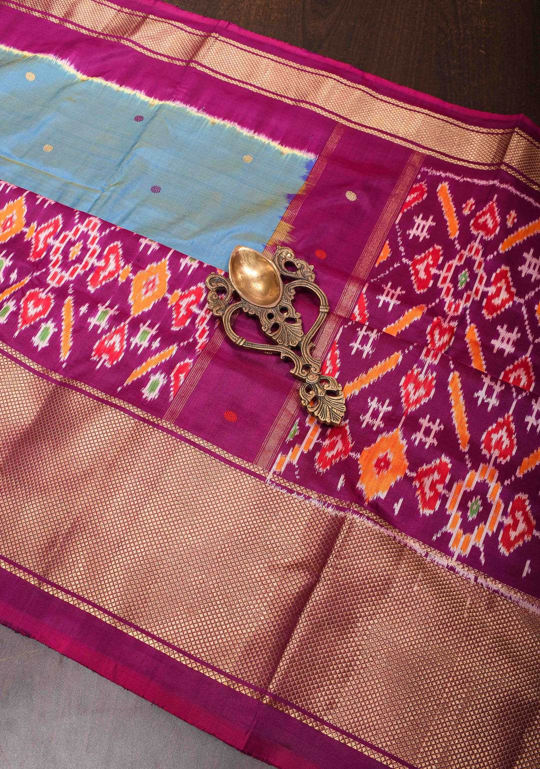 Aegean Blue Ikkat pure silk saree with Thread Buttas, ikkat panel and wide khaddi zari border | SILK MARK CERTIFIED