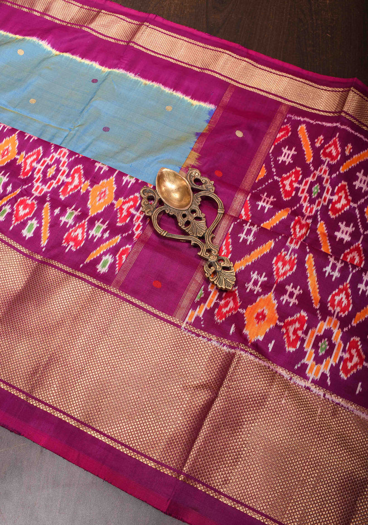 Aegean Blue Ikkat pure silk saree with Thread Buttas, ikkat panel and wide khaddi zari border | SILK MARK CERTIFIED