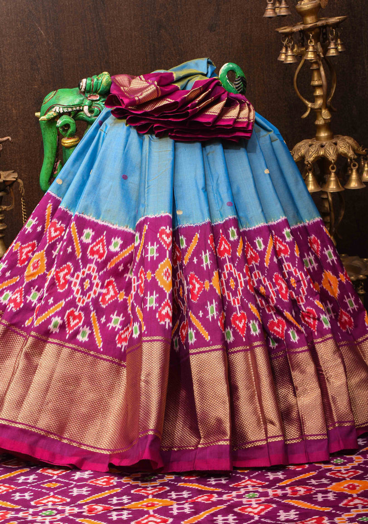 Aegean Blue Ikkat pure silk saree with Thread Buttas, ikkat panel and wide khaddi zari border | SILK MARK CERTIFIED