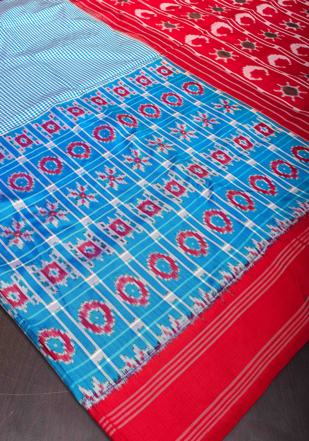 Exquisite Half-Border Ikat Silk Saree with Chennai Checks and Ikat Panel Border| SILK MARK CERTIFIED
