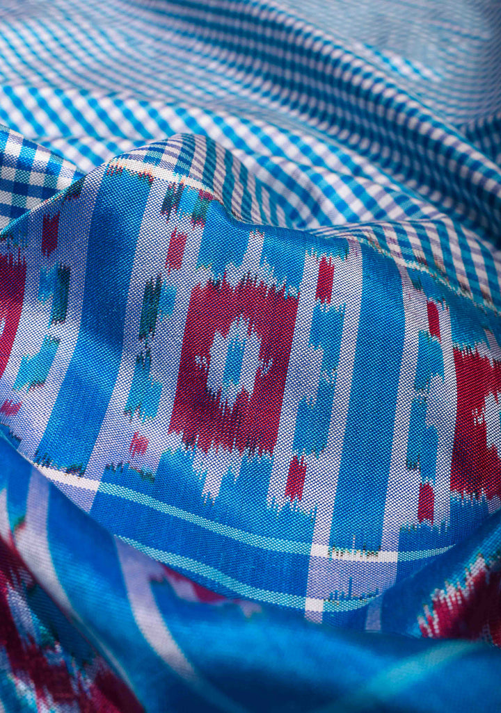 Exquisite Half-Border Ikat Silk Saree with Chennai Checks and Ikat Panel Border| SILK MARK CERTIFIED