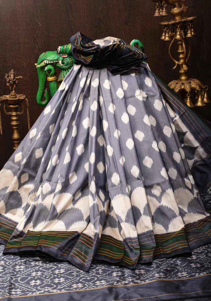 Gray and White Scalloped Design Pure Ikat Silk Saree| SILK MARK CERTIFIED