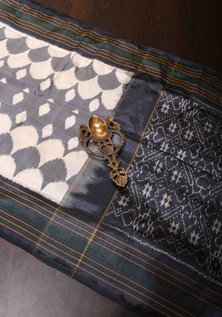 Gray and White Scalloped Design Pure Ikat Silk Saree| SILK MARK CERTIFIED