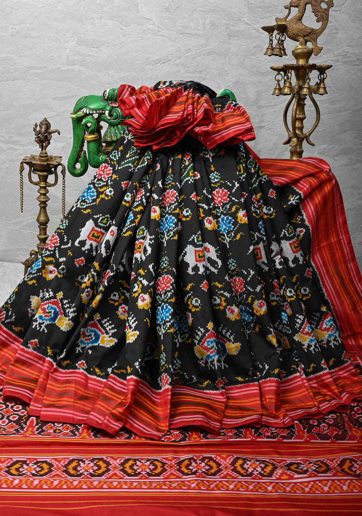 Black Ikkat Pure Silk Saree with Contrast Border | SILK MARK CERTIFIED