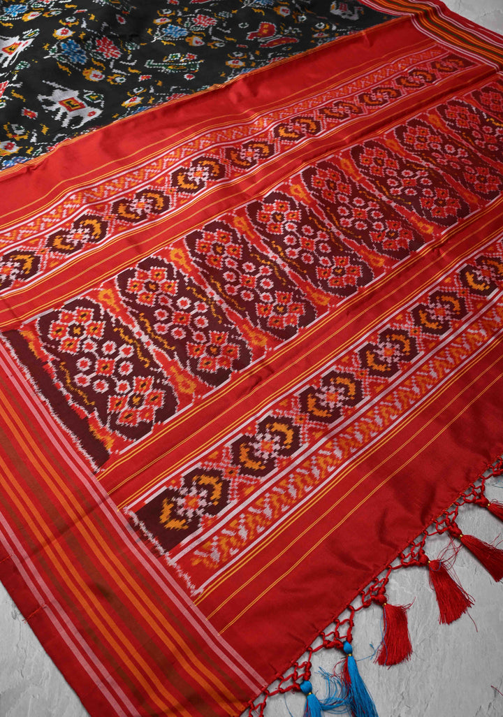 Black Ikkat Pure Silk Saree with Contrast Border | SILK MARK CERTIFIED