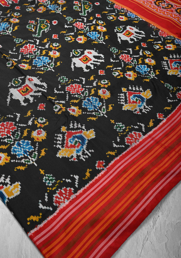 Black Ikkat Pure Silk Saree with Contrast Border | SILK MARK CERTIFIED