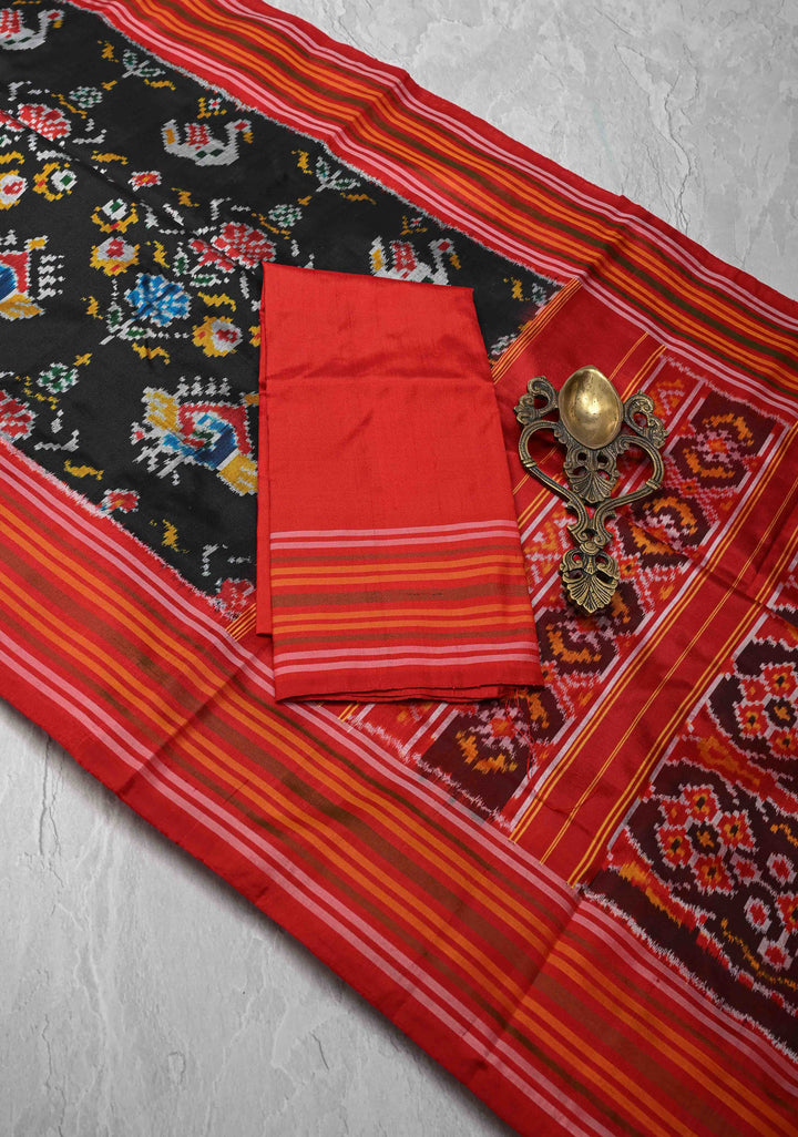 Black Ikkat Pure Silk Saree with Contrast Border | SILK MARK CERTIFIED